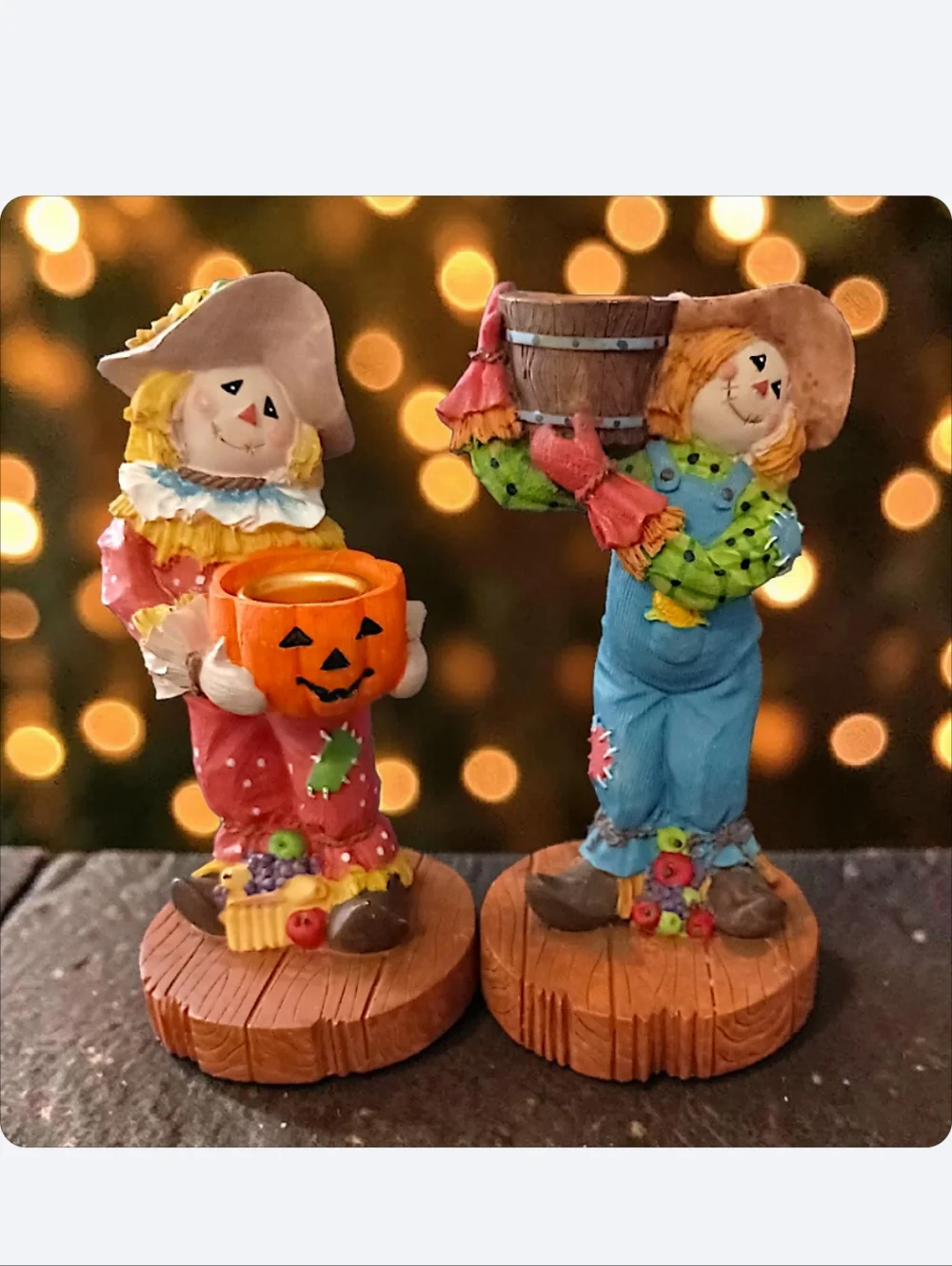 2 Vtg Scarecrow Candle Holders Resin Fall Thanksgiving Decor‎ Halloween Autumn